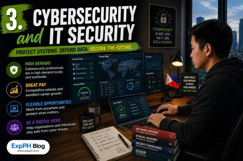 Cybersecurity and IT Security Filipino professional monitoring security systems on multiple screens with threat data dashboards in a modern workspace with ExpPH Blog logo
