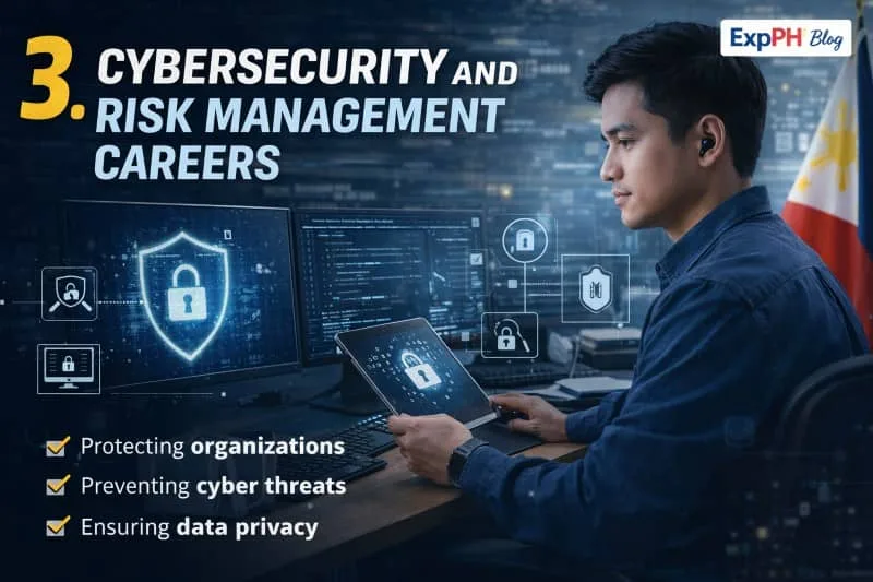 Filipino cybersecurity professional monitoring systems with digital security icons and data protection visuals representing cybersecurity careers