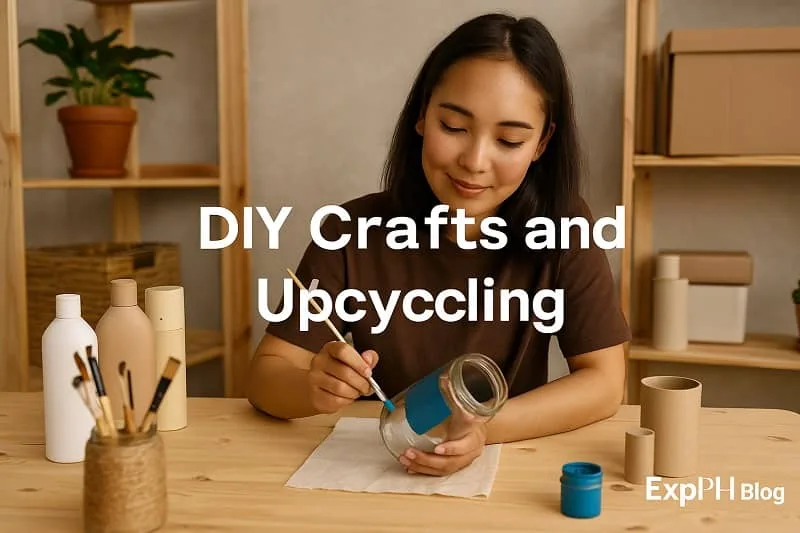 A realistic scene of a woman painting a recycled glass jar as part of DIY crafts and upcycling, with the ExpPH Blog logo included.