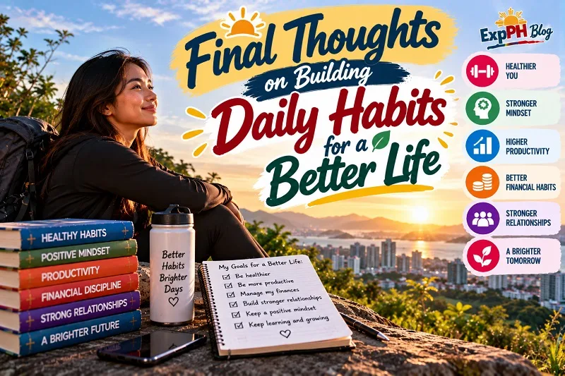 A young Filipina woman enjoying the sunrise while reflecting on her daily goals, with books and a journal representing healthy habits, personal growth, productivity, financial discipline, and stronger relationships.