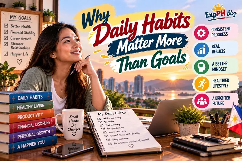 Realistic Filipina woman planning her daily routine at a desk with books, a laptop, and a habit checklist, illustrating how consistent habits support personal growth, a healthier lifestyle, productivity, and long-term success, with the ExpPH Blog logo.