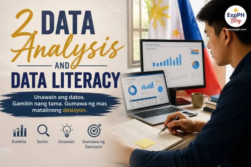 Filipino professional analyzing data on a laptop with charts and graphs, representing data analysis and data literacy, with ExpPH Blog logo