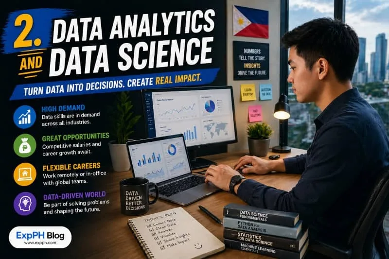 Data Analytics and Data Science Filipino professional analyzing data dashboards on laptop and monitor in a modern workspace with ExpPH Blog logo