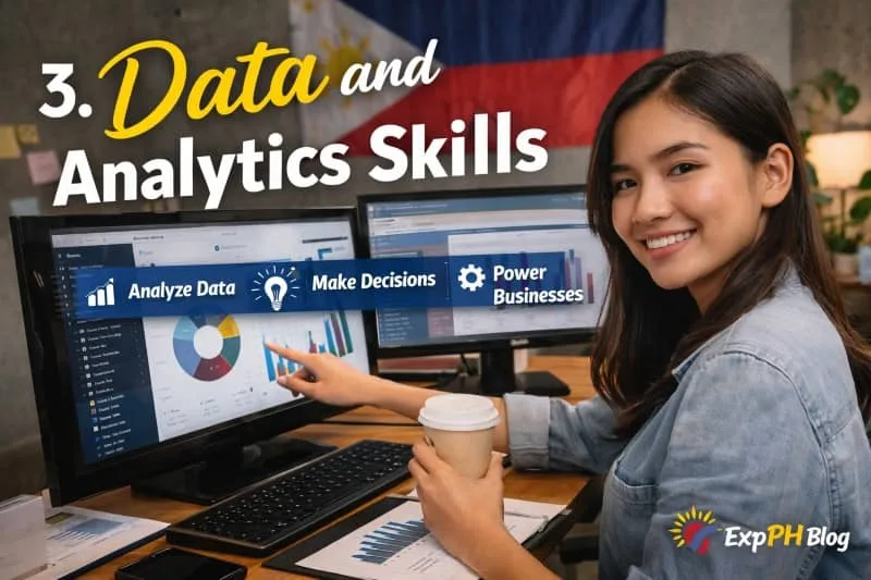 Filipino data analyst working on dual monitors with charts and graphs showing data analytics skills