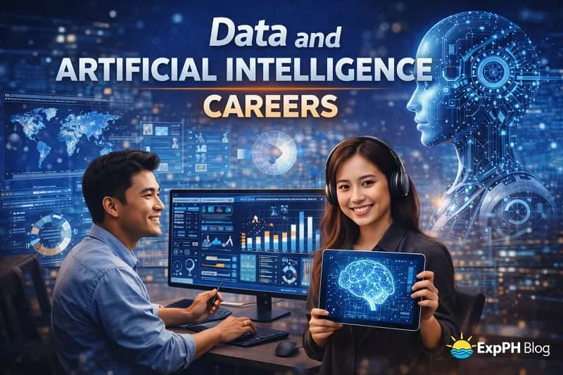 Filipino professionals working in data and artificial intelligence careers with analytics dashboards and ExpPH Blog logo