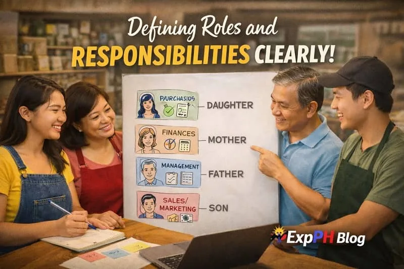 Filipino family defining roles and responsibilities in their small business using a role chart and laptop with ExpPH Blog logo displayed