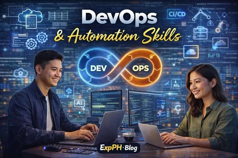 Filipino professionals working on DevOps and automation systems with code, cloud tools, and ExpPH Blog logo