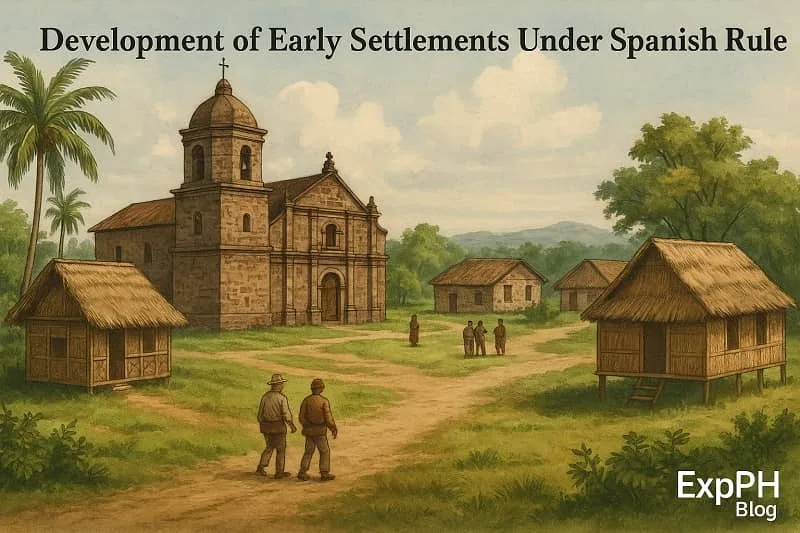 Realistic illustration of an early Philippine settlement during Spanish rule featuring a stone church, nipa huts, dirt pathways, and the ExpPH Blog logo.