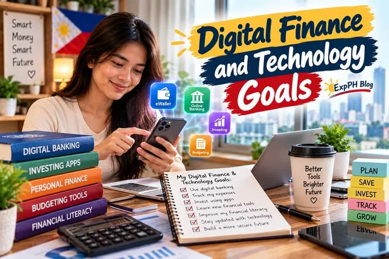 A young Filipina using a smartphone for digital banking and financial planning, with a laptop, calculator, finance books, budgeting checklist, and the ExpPH Blog logo.