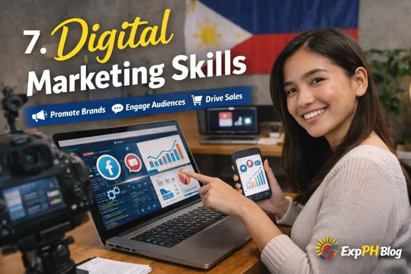 Filipino digital marketer using laptop and smartphone with analytics dashboards and social media data