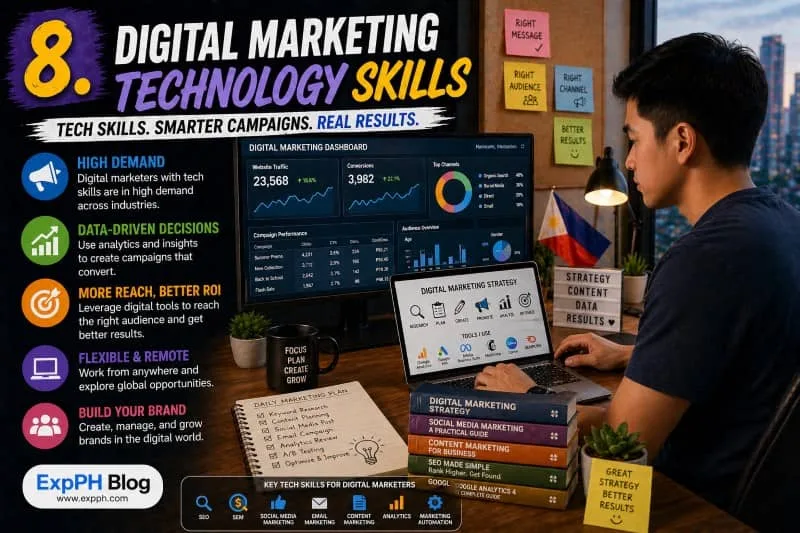 Digital Marketing Technology Skills Filipino professional analyzing marketing dashboard and campaign data on laptop and monitor in a modern workspace with ExpPH Blog logo