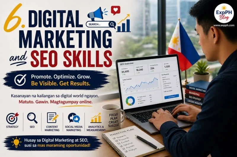 Filipino professional managing digital marketing and SEO analytics on a laptop with charts, keywords, and website performance data, with ExpPH Blog logo