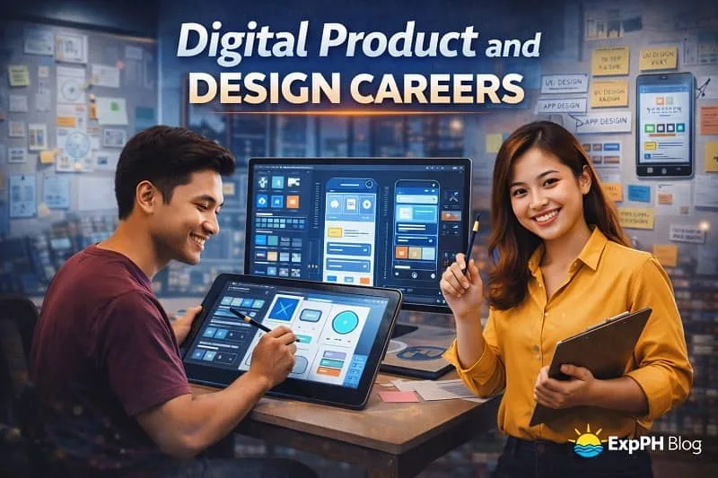 Filipino professionals working in digital product and design careers with UI UX tools and ExpPH Blog logo
