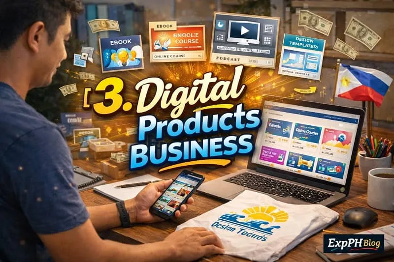 Filipino entrepreneur creating and selling digital products online using a laptop, showcasing ebooks, templates, and online files with ExpPH Blog logo