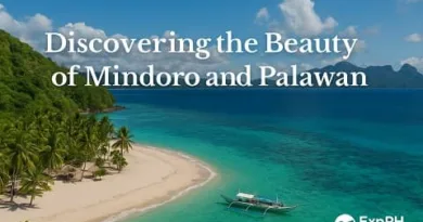A realistic tropical beach scene in Mindoro and Palawan showing turquoise waters, white sand, lush green hills, a traditional Filipino boat, and the ExpPH Blog logo.