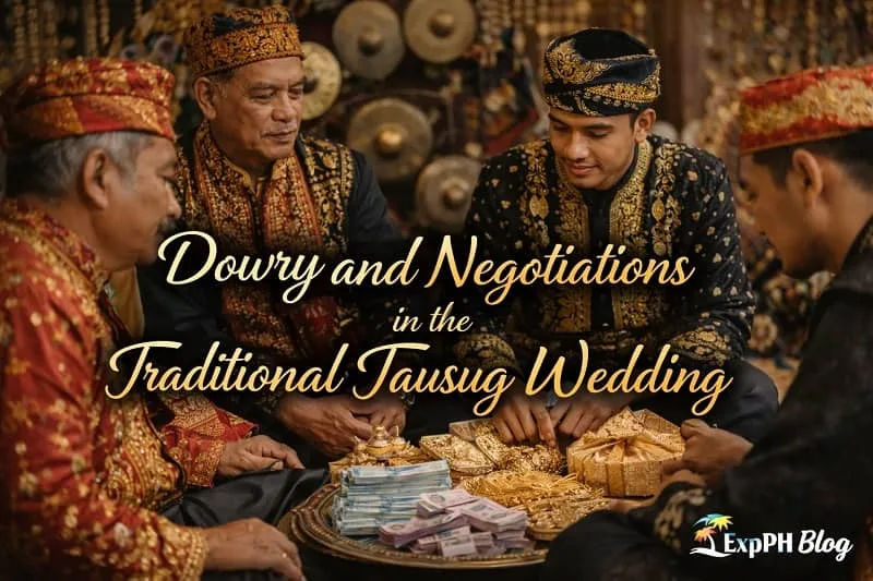 Tausug elders discussing dowry and marriage negotiations during a traditional Tausug wedding ceremony in the Philippines with ExpPH Blog logo