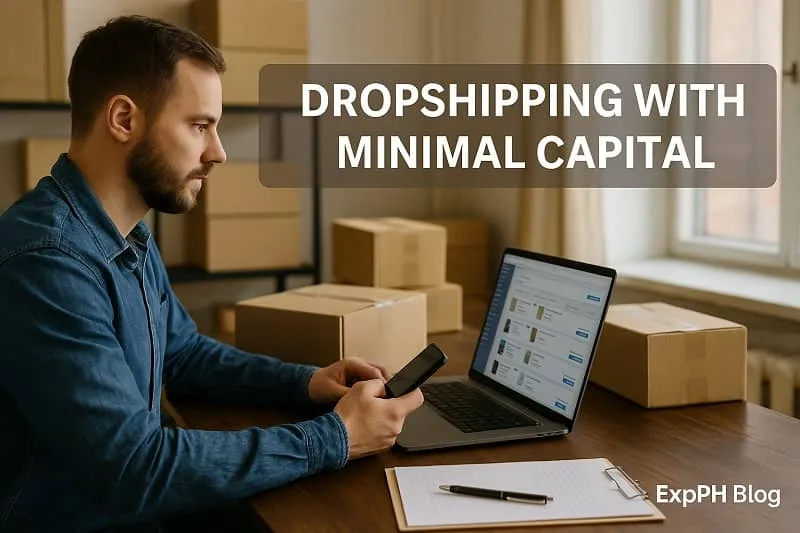 Entrepreneur working on a laptop with shipping boxes representing dropshipping with minimal capital