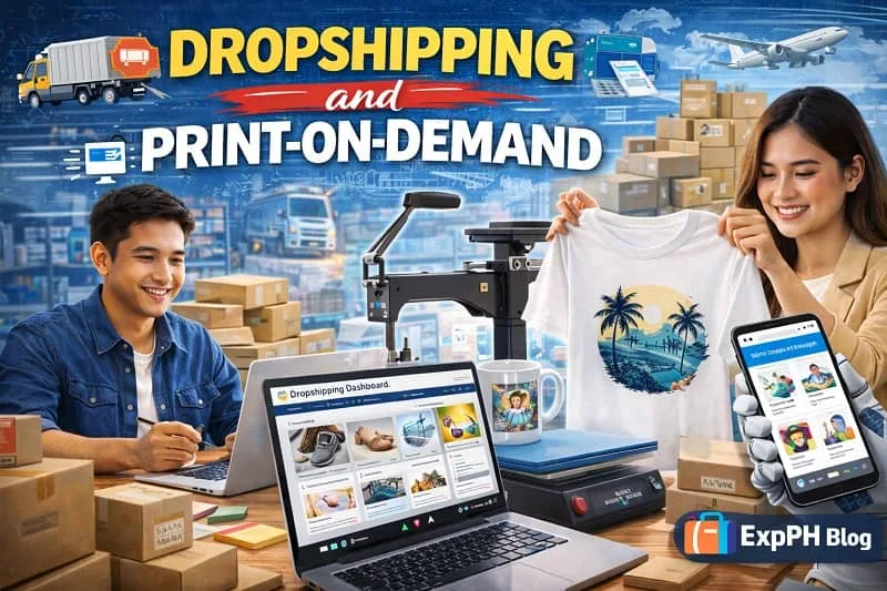 Filipino entrepreneurs managing a dropshipping and print-on-demand business using laptops, custom printed shirts, and shipping boxes, with ExpPH Blog logo.