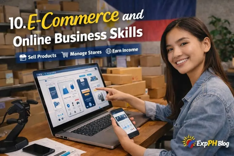 Filipino online seller managing e-commerce store using laptop with products and order dashboard