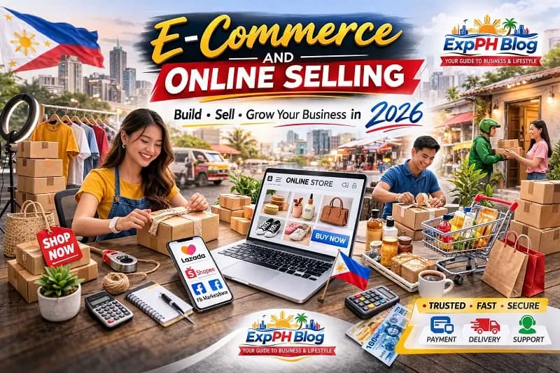 Filipino entrepreneurs packing boxes and managing online orders using laptop and smartphone for e commerce and online selling business in the Philippines with ExpPH Blog logo visible.
