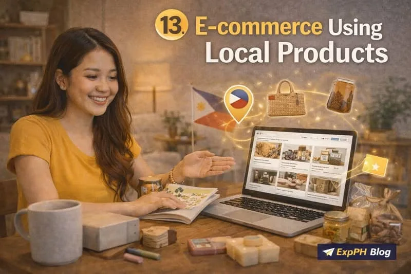 Filipino entrepreneur selling local handmade products online using a laptop with items like woven bags, soaps, and food products, with ExpPH Blog logo