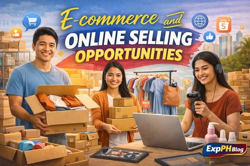 Realistic image showing Filipinos managing e commerce tasks such as packing products, listing items online, and handling orders, representing e commerce and online selling opportunities