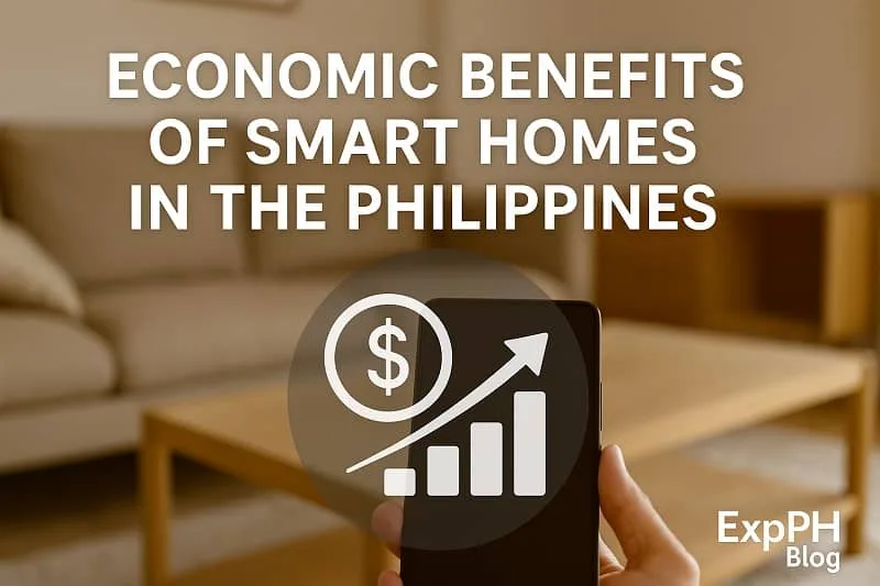 Smartphone displaying financial growth icons representing the economic benefits of smart homes in the Philippines with the ExpPH Blog logo.