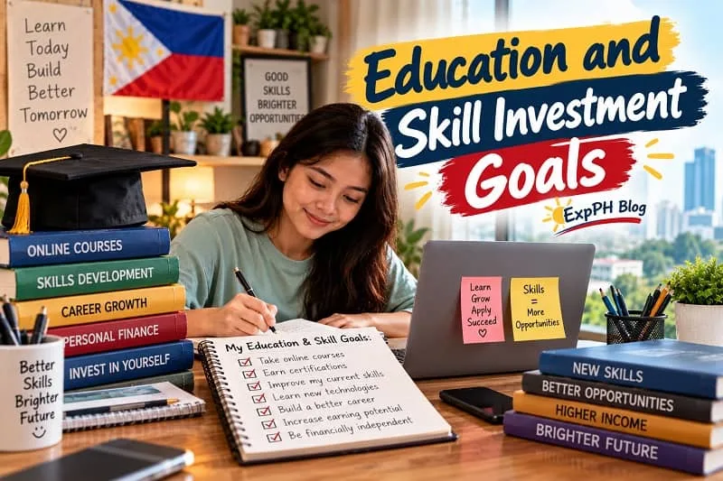 A young Filipina studying at a desk with a laptop, graduation cap, educational books, and a checklist of learning goals, featuring the ExpPH Blog logo.