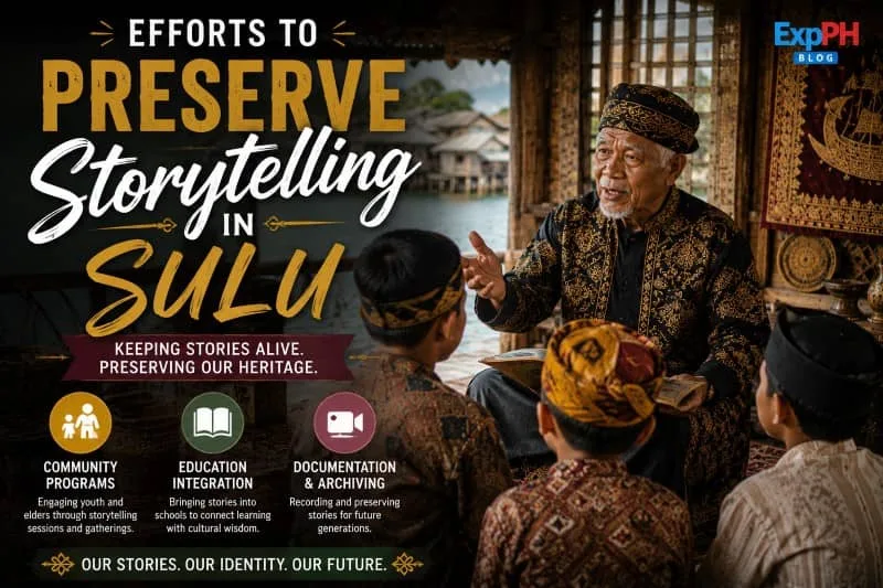 A realistic image of a Tausug elder sharing stories with young listeners during a cultural gathering in Sulu, highlighting preservation efforts and featuring the ExpPH Blog logo.