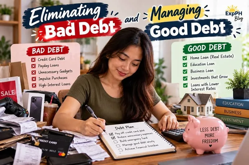 Filipina woman reviewing a debt repayment plan at a desk with a calculator, credit cards, bills, a notebook, and a piggy bank, alongside infographic panels comparing bad debt and good debt.