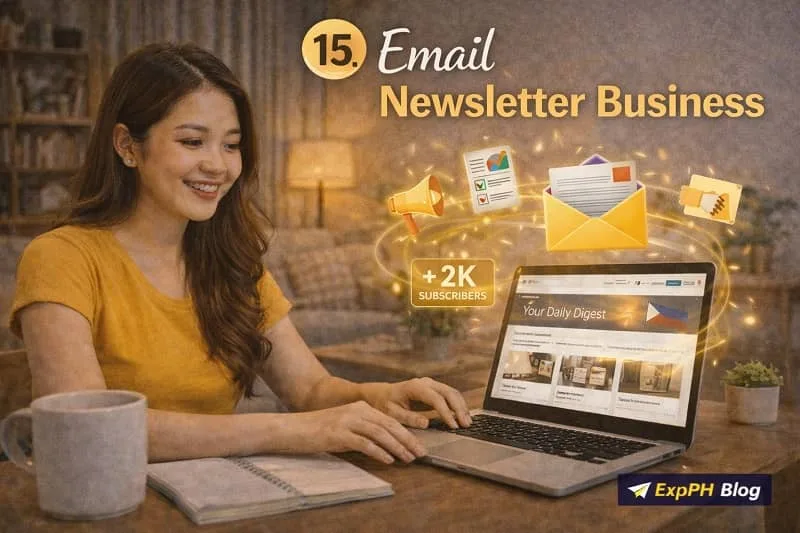 Filipino content creator managing an email newsletter on a laptop with subscriber growth icons and email graphics, with ExpPH Blog logo