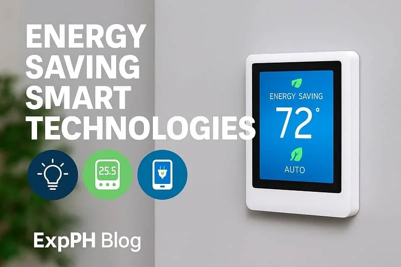 Smart thermostat displaying energy saving mode with icons of energy efficient features and the ExpPH Blog logo.