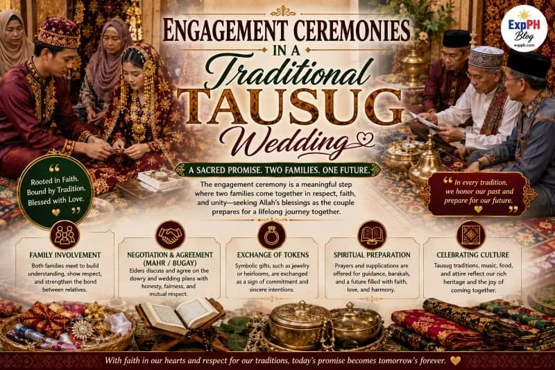 Realistic Traditional Tausug engagement ceremony featuring a Filipino Muslim couple, family elders, symbolic gifts, Islamic customs, and cultural attire with ExpPH Blog logo.