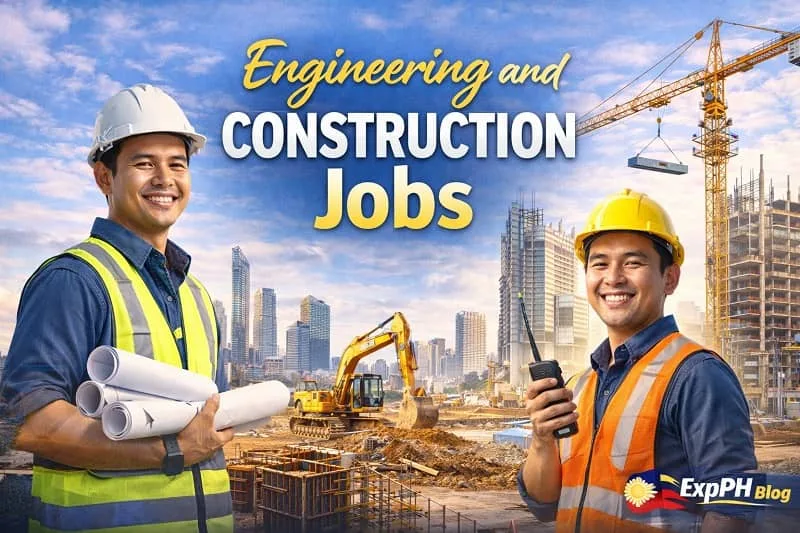 Engineering and construction jobs showing Filipino engineers at a construction site with cranes, heavy equipment, and ExpPH Blog logo