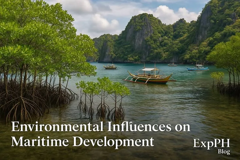 A realistic coastal scene with mangroves, traditional Filipino boats, and limestone cliffs showing how natural environments shape maritime development, with the ExpPH Blog logo.