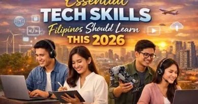 Filipino professionals learning essential tech skills in 2026 using laptops and digital tools with ExpPH Blog logo displayed