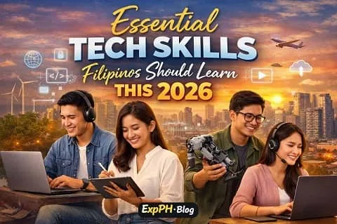 Filipino professionals learning essential tech skills in 2026 using laptops and digital tools with ExpPH Blog logo displayed