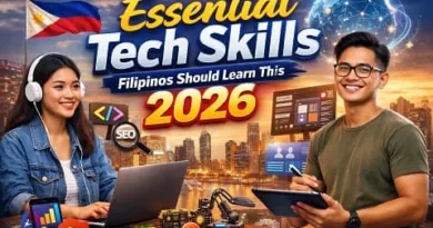 Filipino professionals learning essential tech skills for 2026 with laptops, digital tools, and technology icons representing future careers.