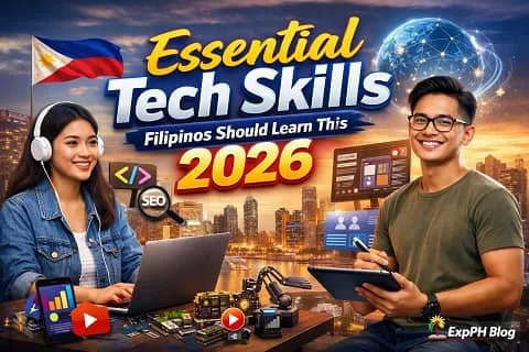 Filipino professionals learning essential tech skills for 2026 with laptops, digital tools, and technology icons representing future careers.