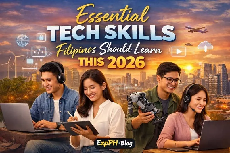 Filipino professionals learning essential tech skills in 2026 using laptops and digital tools with ExpPH Blog logo displayed