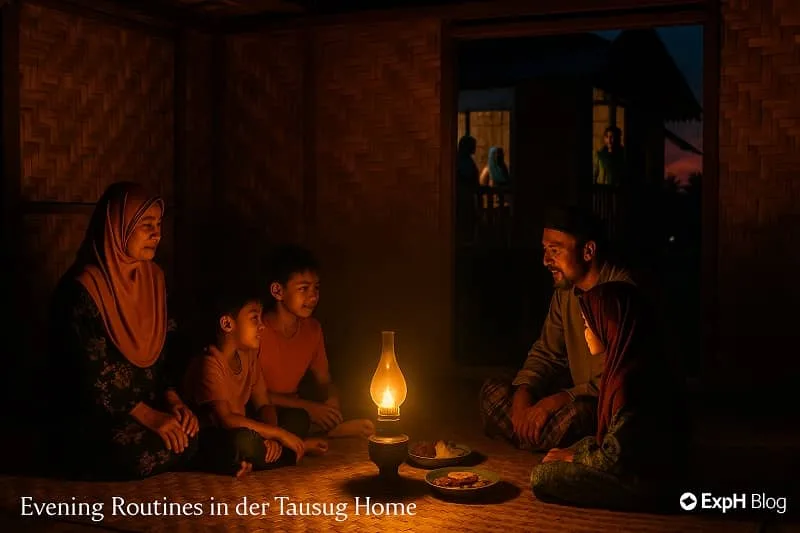A realistic evening scene inside a traditional Tausug home with a family gathered around an oil lamp, sharing food and conversation, with the ExpPH Blog logo included.