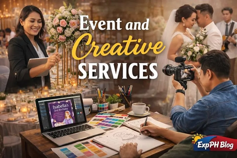 Filipino event planner, photographer, and designer working on wedding and celebration setup representing event and creative services with ExpPH Blog logo
