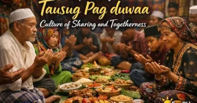Tausug families gathered in prayer during Pag duwaa, sharing traditional food and expressing unity, faith, and togetherness in a Filipino Muslim community with ExpPH Blog logo.