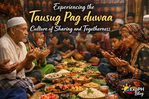 Tausug families gathered in prayer during Pag duwaa, sharing traditional food and expressing unity, faith, and togetherness in a Filipino Muslim community with ExpPH Blog logo.