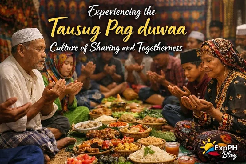 Tausug families gathered in prayer during Pag duwaa, sharing traditional food and expressing unity, faith, and togetherness in a Filipino Muslim community with ExpPH Blog logo.
