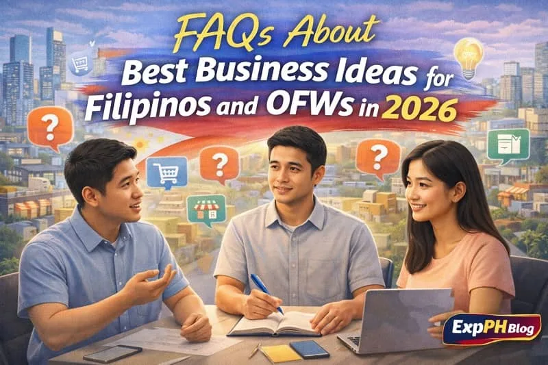 Realistic image showing Filipinos discussing business questions and ideas with icons representing online selling, food business, and retail, related to FAQs about best business ideas for Filipinos and OFWs in 2026