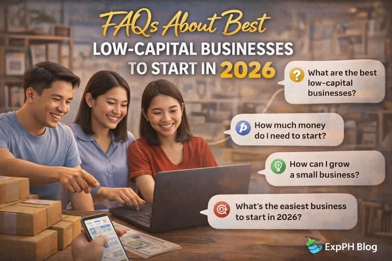 FAQs about best low-capital businesses to start in 2026 showing Filipino entrepreneurs discussing business ideas, reviewing questions, and planning small ventures using digital tools.