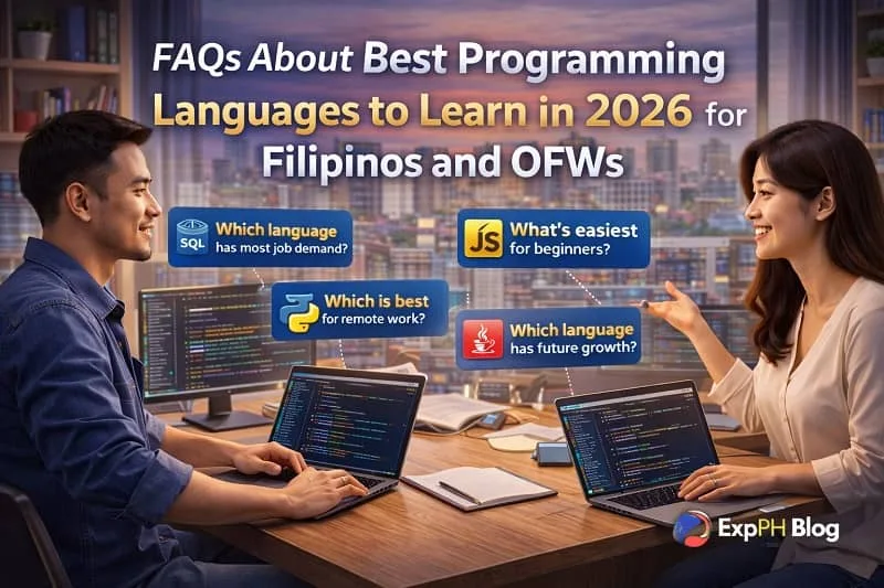 Best programming languages to learn in 2026 Filipino professionals discussing programming languages in 2026, showing laptops with code, FAQ icons for Python, JavaScript, Java, and SQL, and the ExpPH Blog logo in a modern workspace.
