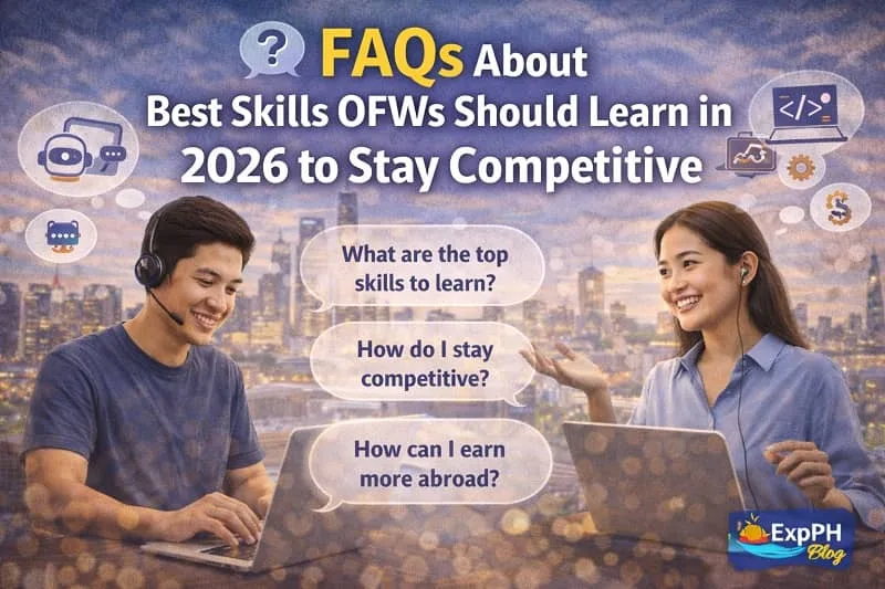 Filipino overseas workers discussing frequently asked questions about best skills for OFWs in 2026 using laptops with ExpPH Blog logo visible