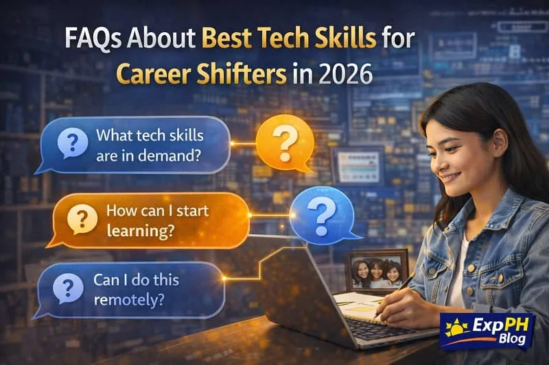 Filipino professional reviewing frequently asked questions about best tech skills for career shifters in 2026 with ExpPH Blog logo